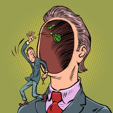 Beyin patlaması. Zihin düşünceleri psikoloji, erkek bilincinin sırları. Çizgi film klasik el illüstrasyonu