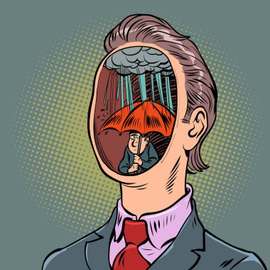 Can sıkıntısı nostalji depresyonu, kötü yağmurlu hava. Zihin düşünceleri psikoloji, erkek bilincinin sırları. Çizgi film klasik el illüstrasyonu