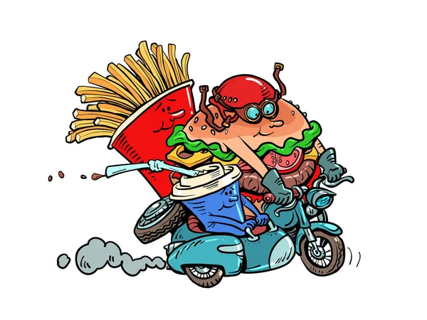 Fast Food Produtos Personagens Motociclistas Andar Moto Restaurante Road Batatas — Vetor de Stock