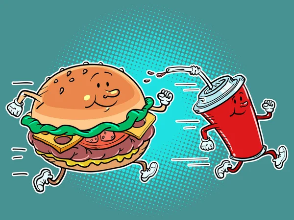 Fast Food Personaggi Hamburger Cola Drink Run Stile Vita Sportivo — Vettoriale Stock