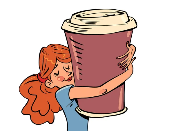 若い女性は巨大なコーヒーを飲み朝の朝食陽気な飲み物を飲みます コミック漫画ヴィンテージレトロな手描きイラスト — ストックベクタ