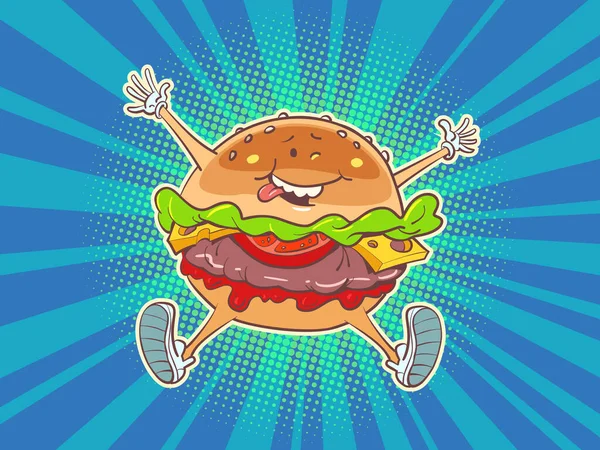 Gioioso Hamburger Allegro Personaggio Fast Food Ristorante Strada Fumetto Cartone — Vettoriale Stock