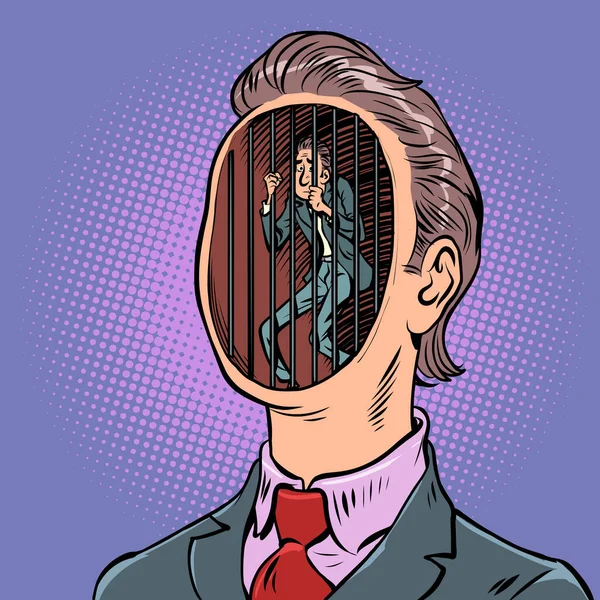 Arzuların hapishanesi zihin düşünceleri psikoloji, erkek bilincinin sırları. Çizgi film klasik el illüstrasyonu