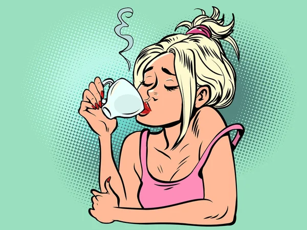 Kobieta Pije Rano Filiżankę Kawy Stołówka Gorący Napój Restauracji Komiks — Wektor stockowy