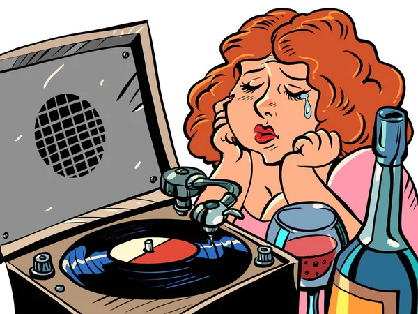 Üzgün Kızıl Saçlı Kadın Gramofondan Müzik Dinler Şarap Içer Yalnız — Stok Vektör
