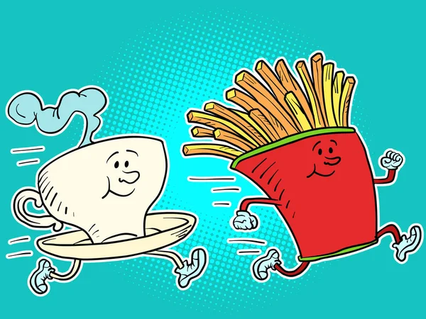 Una Taza Café Caliente Papas Fritas Personajes Comida Rápida Corriendo — Vector de stock