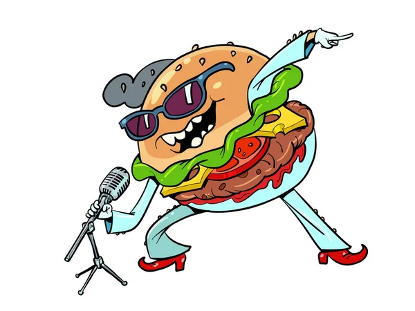 Fast Food Burger Śpiewa Scenie Artysta Piosenkarz Muzyka Jedzenie Komiks — Wektor stockowy
