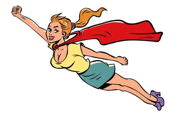女性スーパーヒーローレッド ケープの少女ヘルプフェミニズム女性の力 コミック漫画ヴィンテージレトロな手描きイラスト — ストックベクタ