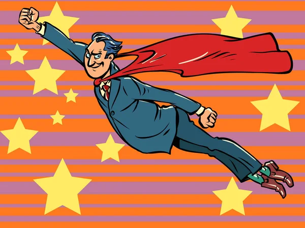 ビジネスマンはスーパーヒーローだ赤いマントのスーツの男だ 英雄が救助に飛んでいる コミック漫画ヴィンテージレトロな手描きイラスト — ストックベクタ