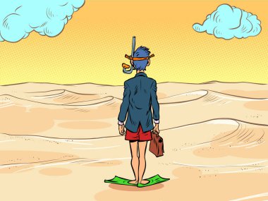 a businessman in a scuba diving mask stands in front of the desert sands, there is no water. Global warming ecology concept. Comic cartoon vintage retro hand drawing illustration