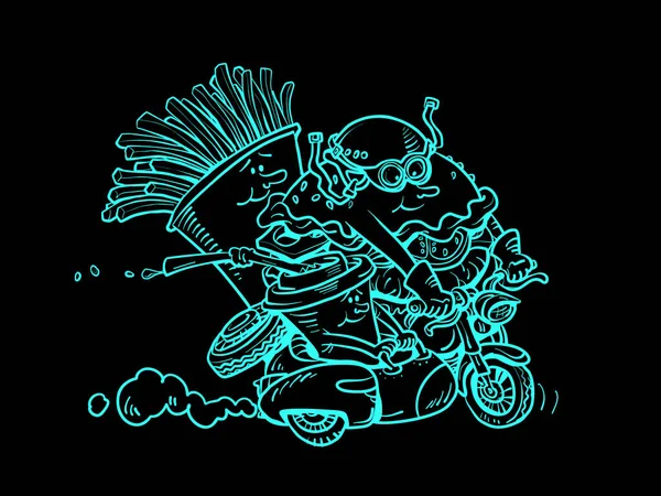 Персонажи Фаст Фуда Байкеры Ездят Мотоцикле Дорожный Ресторан Жареная Картошка — стоковый вектор