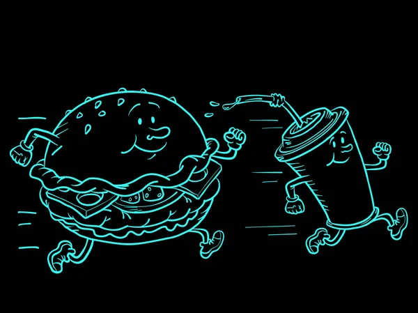 Los Personajes Comida Rápida Hamburguesa Bebida Cola Corren Estilo Vida — Vector de stock