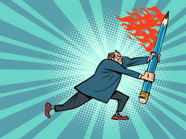 fire flame hot businessman with a pencil, office work. A male engineer. Office tools, office supplies. Comic cartoon hand illustration retro style
