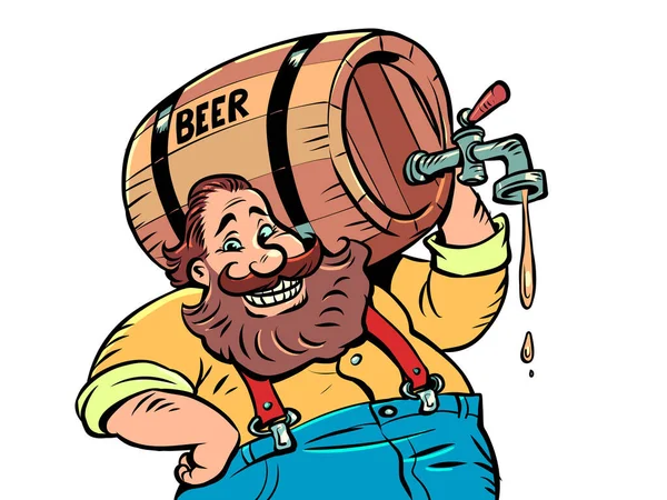 Man Wooden Barrel Beer Alcoholic Drink Bavarian German Tradition Comic — Stock vektor