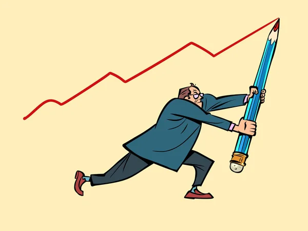 Male Businessman Draws Sales Chart Large Pencil Economic Indicators Concept — 图库矢量图片