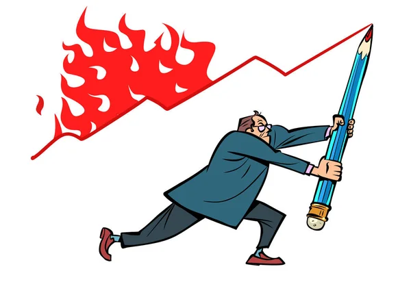 Male Businessman Draws Sales Chart Burning Schedule Large Pencil Economic — Stok Vektör