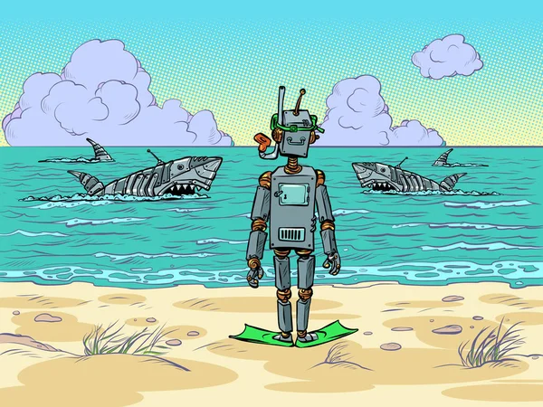 Robot Tourist Seashore Mechanical Dangerous Sharks Swim Ocean Comic Cartoon — 스톡 벡터