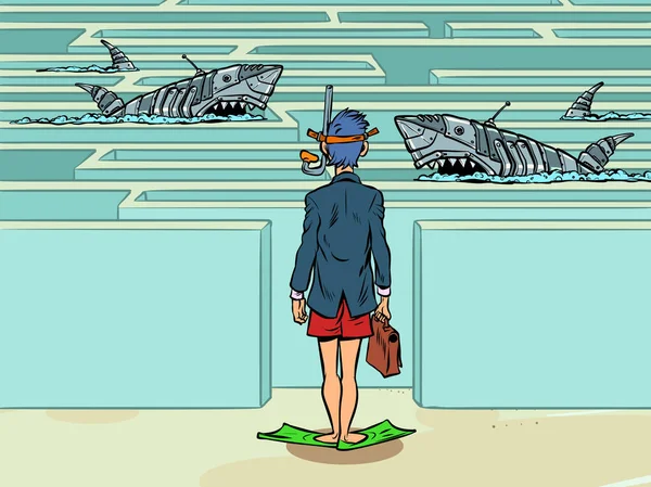 Businessman Front Maze Mechanical Dangerous Sharks Swimming Ahead Difficult Choice — Stockvektor