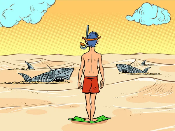 Tourist Shore Deserted Sandy Sea Mechanical Dangerous Sharks Swim Sand — Stockvector