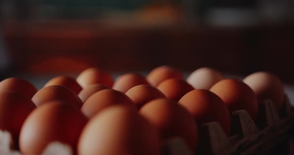 Fresh Eggs on tabe Close up — Stock video