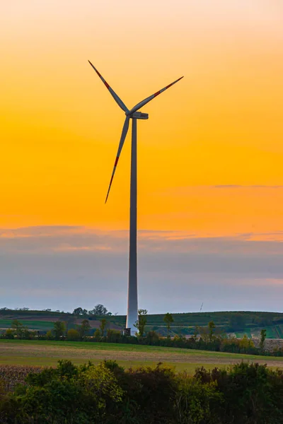 Wind turbine againbst sunrise yellow shy golden hour renewable energy — Stock Photo, Image