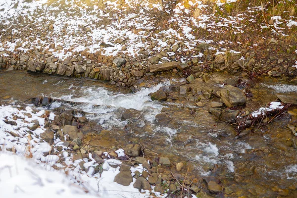 Corrente montesa contra floresta no inverno — Fotografia de Stock