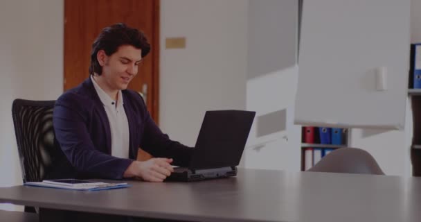 Biznesmen dyskutujący podczas rozmowy wideo w miejscu pracy — Wideo stockowe