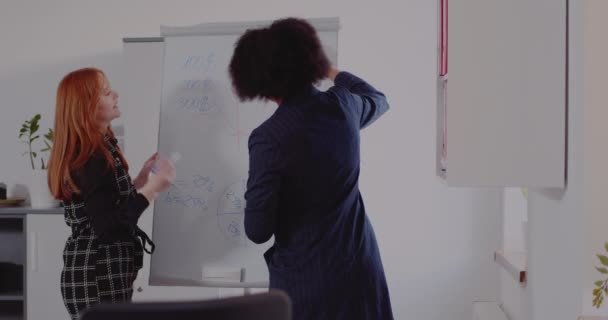 Γυναίκες συνάδελφοι συζητούν τη στρατηγική πάνω από το flipchart — Αρχείο Βίντεο