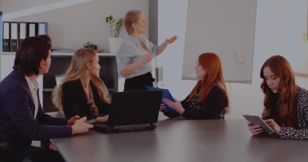 Affärskvinna förklarar kollegor i möte — Stockvideo
