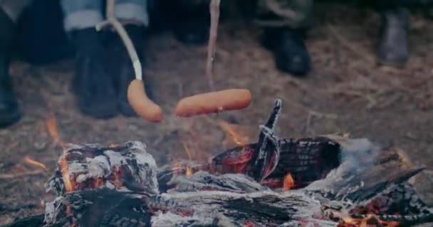 Flüchtlinge braten in der Kriegskrise Würstchen am Lagerfeuer. — Stockvideo