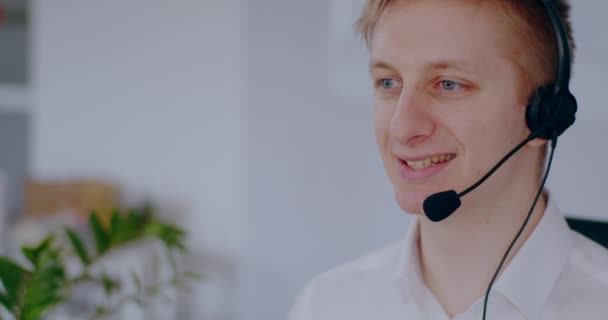 Young Man Doing Video Meeting Using Headset Talking Businessman Working — Vídeos de Stock
