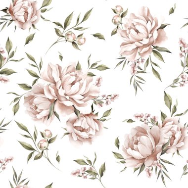 Kusursuz botanik ve çiçek desenli, elle çizilmiş suluboya şakayık çiçekleri ve yapraklı. 