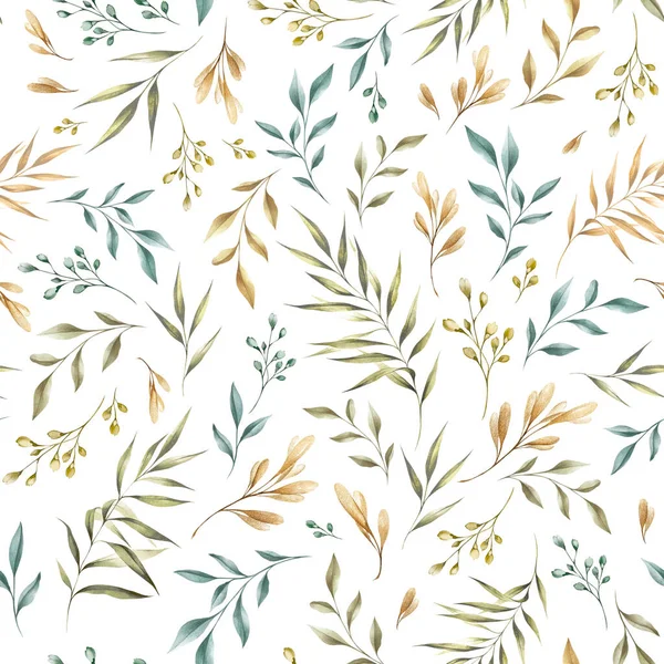 Seamless Botanical Floral Pattern Watercolor Hand Drawn Leaves — Stock Photo, Image