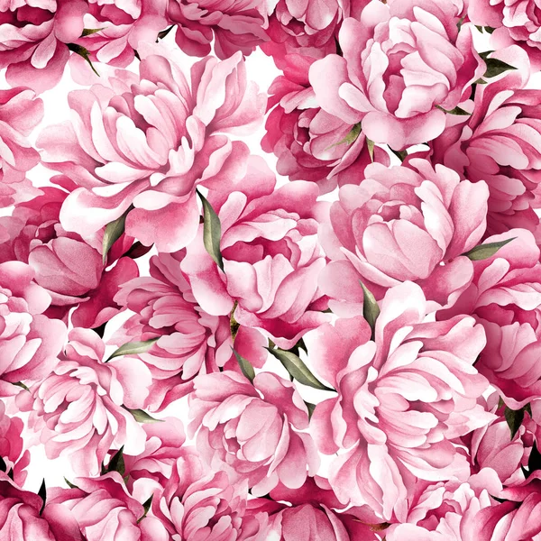 Zökkenőmentes Botanikai Virágos Minta Kézzel Rajzolt Akvarell Bazsarózsa Virágok Levelek — Stock Fotó