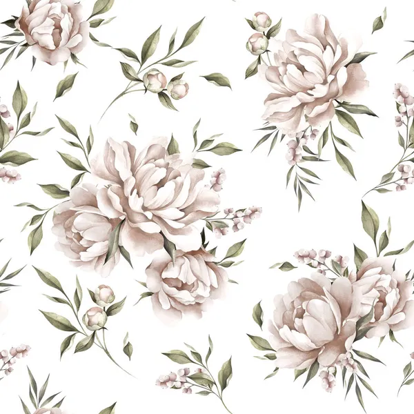 Seamless Botanical Floral Pattern Hand Drawn Watercolor Peony Flowers Leaves — Stock Photo, Image