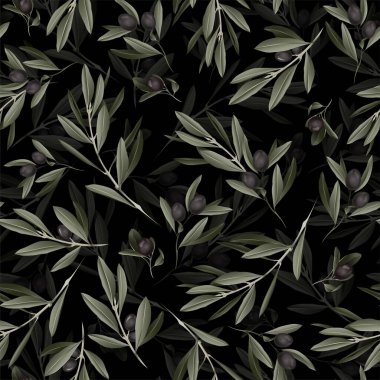 Vektör üzerinde zeytin dalları olan kusursuz botanik siyah çiçek deseni