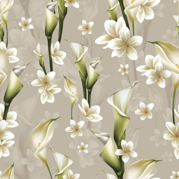 Patrón Floral Digital Sin Costuras Ilustración Con Magnolia Kalla Flores — Foto de Stock