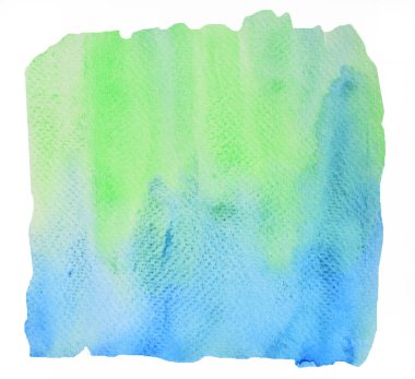 Beyaz arkaplanda mavi ve yeşil renkli soyut desenli kare, resimli suluboya el resmi ve kağıda boyanmış.