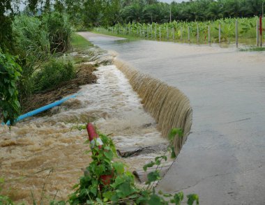 Kahverengi su taşkınları ve taşkın beton yollar, yağmur mevsiminde sel, Tayland