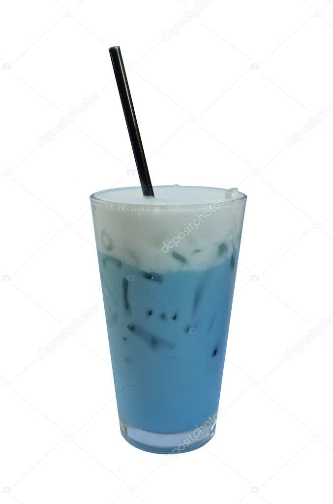 Iced Blue pea milk or Iced Butterfly Pea Latte isolated on white background, Healthy cold drink that's great for summer