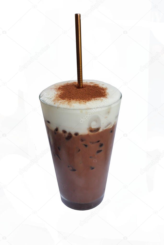 Iced Chocolate or Cocoa Latte with milk foam in glass isolated on white background, Healthy cold drink that's great for summer