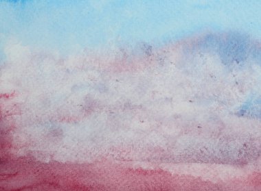 Renkli suluboya ile parlak kağıt üzerinde sprey, soyut arkaplan ve desen ile el mavisi ile çizilmiş mor ve pembe renkli sıvı damlalar, Pastel bulutlar ve gökyüzü