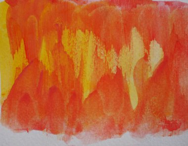 Beyaz kağıda suluboya vuruşu ve sprey, elle sarıya boyanmış, turuncu ve kırmızı renkli sıvı damlalar.