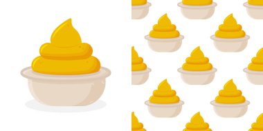 Küçük yuvarlak kasede hardal. Beyaz arka planda izole edilmiş hardal sosu, yan görüş. Yemek için lezzetli kremalı sos. 