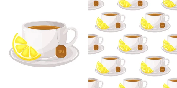 Vektor nahtlose Muster mit Tassen Tee und Zitronen. Netter Hintergrund, Druck für Menüs, Geschirr, Verpackungen, Einbände, Servietten — Stockvektor