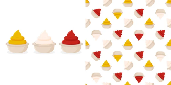 Ketchup sans couture, moutarde française et mayonnaise dans un bol isolé. Composition de vinaigrette d'épices en ramequin. — Image vectorielle