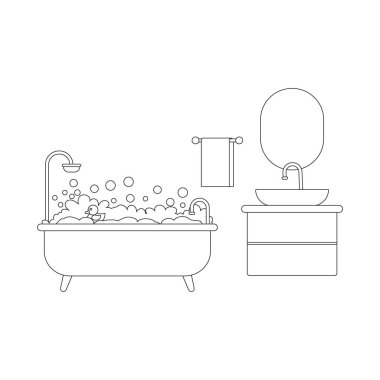 Banyo boyası. Doğrusal vektör banyosu. Mobilya aranjmanlı tuvalet planı. Bir taslakta canlandırma 