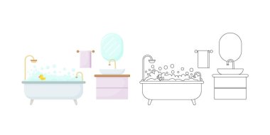 Banyo boyası. Doğrusal vektör banyosu. Mobilya aranjmanlı tuvalet planı. Bir taslakta canlandırma.