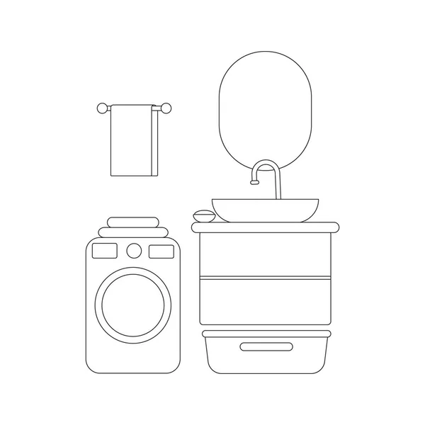 Colorazione bagno. Bagno vettoriale lineare. Piano del bagno con disposizione dei mobili. Illustrazione in uno schema. — Vettoriale Stock