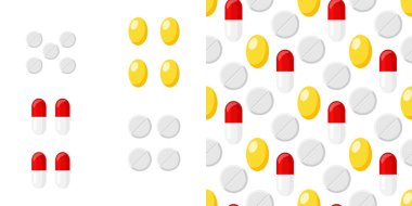 Arka planda çeşitli haplarla renksiz desenler. Tıbbi çizimler için canlı doku. 